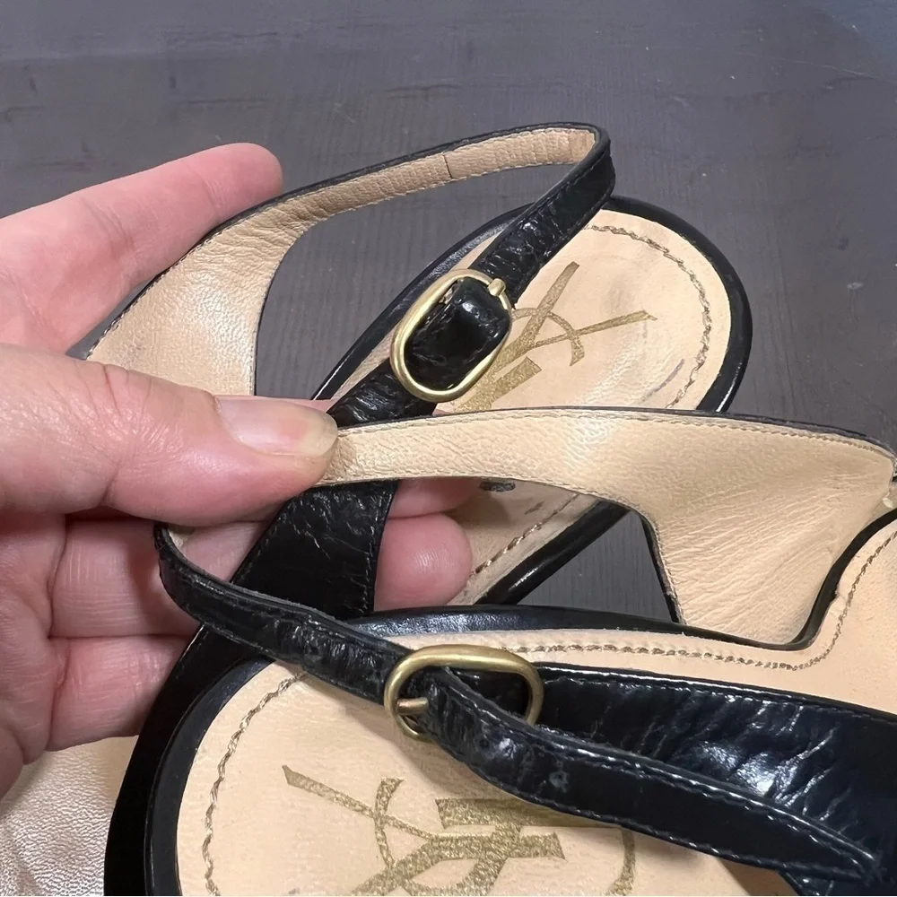 YSL Patent & Calf Leather peep toe sling back pumps 37 GUC sexy chic vintage